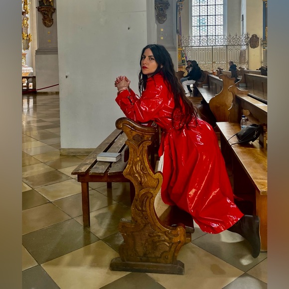 vivetta Jackets & Blazers - Vivetta Lacquer Red vinyl trench coat patent oversized latex rain trapeze Nerly
